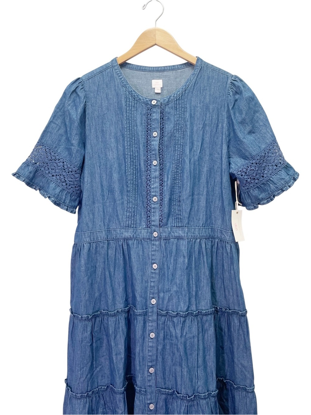 NWT Gap x LoveShackFancy Denim Tiered Midi Dress L Dark Wash Lace Button Front - Picture 5 of 16